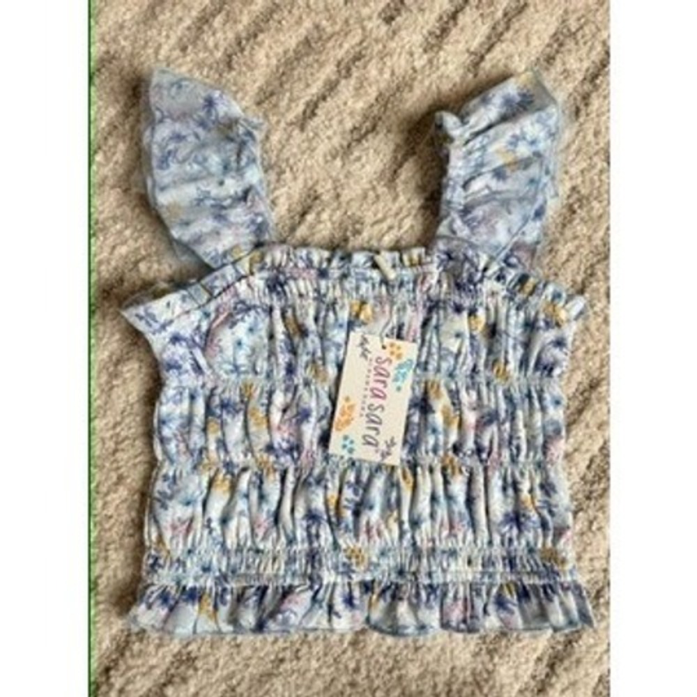 Sara Sara Girls Blue Floral Palm‎ Tree Smocked Ruffle Tank Top Size 10 NWT